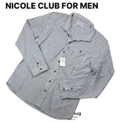 新品タグ付き　NICOLE CLUB FOR MEN 　ニコルクラブフォーメン　ワイヤー襟　ストライプシャツ　長袖　白　紺　50　LL　XL　メンズ