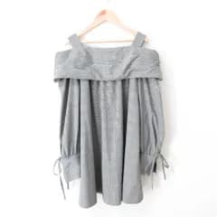 良品 24AW アプワイザーリッシェ グレンチェック ストレッチ オフショルダー 袖リボン 長袖 チュニック ミニワンピース 2 グレー レディース 古着 中古 USED