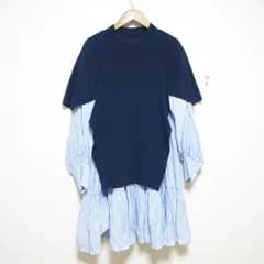 美品 23SS Snidel スナイデル バックフレアミニニットAラインワンピ 長袖 ドッキング チュニックシャツ SWNO231009 F ネイビー×ブルー レディース 古着 中古 USED
