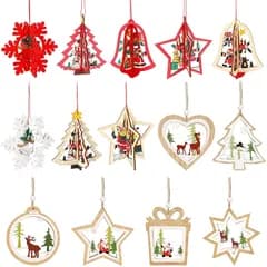 JANLOFO 14個セット クリスマスツリー オーナメント 木製 クリスマスツリー 飾り 北欧 デコレーション 立体 透かし彫り 星 雪 サンタ 雪だるま ハート ベル 0