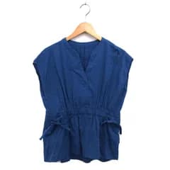 シンプリシテェ SIMPLICITE フレンチスリーブ ブラウス リボン タック コットン 綿 バックロング 半袖 青 ブルー /NT12