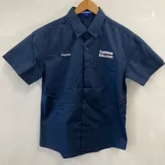 タ467⚫︎SHERWIN-WILLIAMS⚫︎シャーウィン・ウィリアムス⚫︎シークシャツ⚫︎ボタンシャツ⚫︎刺繍⚫︎半袖⚫︎メンズ⚫︎size S⚫︎紺