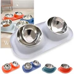 Lil&Fam 犬 猫 フードボウル 【15度の傾斜＆食べこぼし防止スタンド付き】ステンレスボウル 犬 猫 ペット 餌入れ 皿 食器 餌台 ご飯台 (グレー, 大(ダブルボウル))
