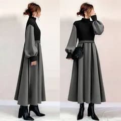 ニットワンピース オシャレ ニットワンピース ロング 秋冬 ニットワンピース パフスリーブセーター Aラインスカート ゆったり 韓国風 大人 上品 #dojqq#