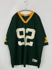 LOGO7 ロゴセブン Tシャツ/カットソー グリーン 前面プリント バックプリント ライン柄 ミドル丈 半袖 Vネック メンズ