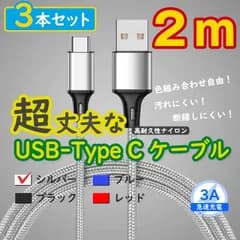 3本銀 2m タイプCケーブル TypeC 充電器 アンドロイド iPhone15 <CC>
