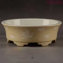 黄地に鶴紋  円形 筆洗い  水仙鉢  工芸品  置物zw519zw519