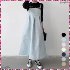 ジャガードウェーブキャミワンピース 韓国 Aラインロングワンピース レディース 体型カバー 重ね着ジャンパースカート オールインワンゆったり おしゃれキャミワンピ シボ加工サロペット 着やせキャミワンピ カジュアル春夏秋冬