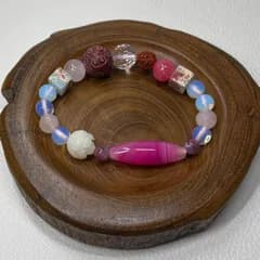 【内径15〜16cm】ミニ天珠ブレス　ピンク瑪瑙　菩提根　菩提樹の実　ローズクォーツ　ユニコーン　モネの石　ホワイトオパール　ロードクロサイト　マニ車　ブレスレット