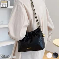 ショップにこにこ 巾着バッグ キルティング ショルダー ミニバッグ ドロスト チェーン ポーチバッグ フェイクレザー 【即納】 鞄 バッグ  ハンドバッグ  PU 高見え レディース 韓国 Y2Kファッション 韓国ストリート 流行り