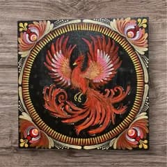 インテリア　アート　『火の鳥』キャンパスボード　S2サイズ  24cm x24cm 　曼荼羅アート　ドットアート　開運アート　ヒーリングアート