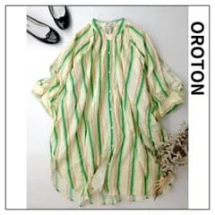 定価38500円 OROTON オロトン マルチストライプ バンドカラー カフタン シャツ ブラウス 袖スリット 羽織 ONE SIZE グリーン系(89Y＋3982)26H☆