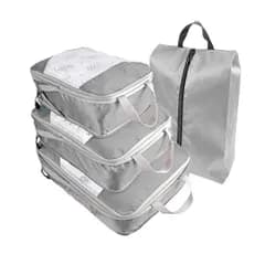 【新着商品】出張 撥水 軽量 整理 仕分け 衣類 大容量 ダブルジップ ファスナー バッグ 圧縮 シューズ袋 収納 トラベルポーチ 海外旅行 S&E 圧縮袋 トラベル 4点セット (グレー) 圧縮バッグ 旅行