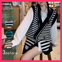 【スタッフおすすめ！】 ニットジレ ボーダー柄 配色ベスト 秋冬 カジュアルチョッキ/ノースリーブ 通勤/ニットセーター レディース Vネック ニットベスト 袖 おすすめ おしゃれ　かわいい　人気 33DW-040
