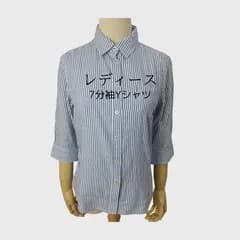 M1-01223【Women】七分袖 Yシャツ (M) ／白×青 ストライプ柄