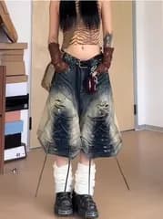 グラデーション ダメージ加工 デニムハーフパンツ ストリート系 個性派 ワイドレッグ