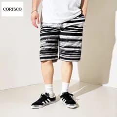 新品 CORISCO コリスコ 総柄 プリント ショートパンツ ミニ裏毛 スウェット ハーフパンツ 短パン  スウェットショーツ スウェットパンツ メンズ ユニセックス ボーダー グレー ブラック 黒 M L LL  2.カスレボーダーGRAY 621911