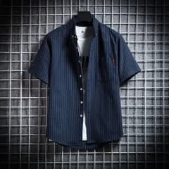 ☆ ネイビー ☆ XL ☆ 半袖シャツ メンズ シャツ メンズ 半袖シャツ カジュアルシャツ 半袖 メンズシャツ シンプル ストライプ トップス ボタンダウン おしゃれ カジュアル ストライプシャツ 春 夏 アウター ワイシャツ 羽織り オシャレ 半そで
