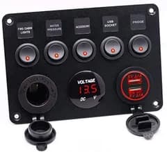 Knightraid 互換品改良 12V 24V 対応 防水 スイッチ パネル デュアル シガーライター ソケット 2.1A USB LED 電圧計 付き マリン ボート 漁船 レッド(レッド 5スイッチ+2USB+1シガー)