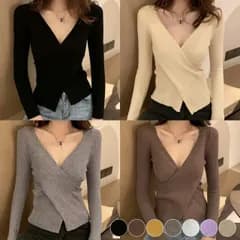 ニット トップス レディース 韓国 スリット Vネック 長袖 トップス セーター 秋冬 ショート丈 クロップド丈 無地 柔らかい クロス アシンメトリー 大人 おしゃれ きれいめ グレー 白 黒 イエロー ベージュ 春 秋 冬