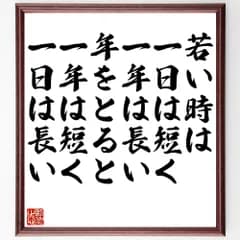 名言「若い時は一日は短く一年は長い、年をとると一年は短く一日は長い」手書き書道色紙額／受注後の毛筆直筆（V1396）