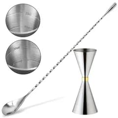 30ml/45mlジガーカップとバースプーンセット30ml / 45mlオンスカップ目盛り付き カクテルスプーン30cm カクテル計量カップ カクテルセット ステンレス鋼 バーテンダーの道具バー用品