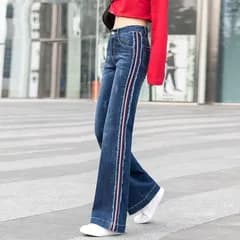 【インディゴブルー★Ｌ】レディース　デニム　パンツ　リラックス 大きめ　ゆったり　体型カバー　サイドライン　側帯