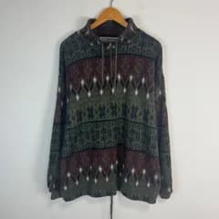 90s PAZZO パッゾ ハーフジップ アクリルニット セーター ハイネック 古着 メンズ カーキ アースカラー XLサイズ 総柄 韓国製 カジュアル アメカジ オーバーサイズ ゆるダボ