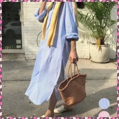 シャツワンピース大きめレディースゆったり ストライプシャツワンピ ロングワンピースミモレ丈 カジュアル ボリュームスリーブシャツカーディガンサイドスリット 韓国風 体型カバー通勤軽い 縦ラインシャツ春夏 着やせ柄ワンピ薄手