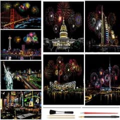 【数量限定】プレゼント 部屋飾り 手作り スクラッチアートペン付き 夜の花火 アートセラピー 心やすらぐ 都市と建築 ヒーリング 削るだけで美しいアート 人と桜 A4サイズ スクラッチペーパー 動物 スクラッチペンセット付け8枚セット スクラッチアート (夜の