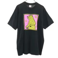 フルーツオブザルーム 90s USA製 オールド アートT ベア プリント 半袖 Tシャツ XL ブラック FRUIT OF THE LOOM クマ シングルステッチ メンズ