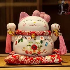招き猫 猫 貯金箱 置物 オブジェ ピンク レッド 桃の花 鈴 開運 金運 財運 風水 座布団 贈り物 ギフト インテリア オフィス リビング
