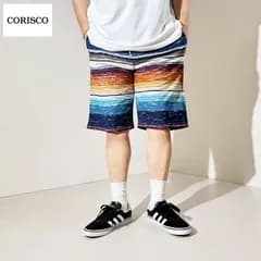 新品 CORISCO コリスコ 総柄 プリント ショートパンツ ミニ裏毛 スウェット ハーフパンツ 短パン  メンズ ユニセックス ネイティブ系 エスニック系 古着系 ボーダー レインボー 虹色 M L LL 3.カスレマルチボーダー 621911