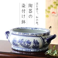金魚鉢 陶器 おしゃれ 和風 水鉢 メダカ鉢 かわいい レトロ 楕円形 金魚 水生植物 絵柄 ビオトープ 陶器の染付金魚鉢 楕円